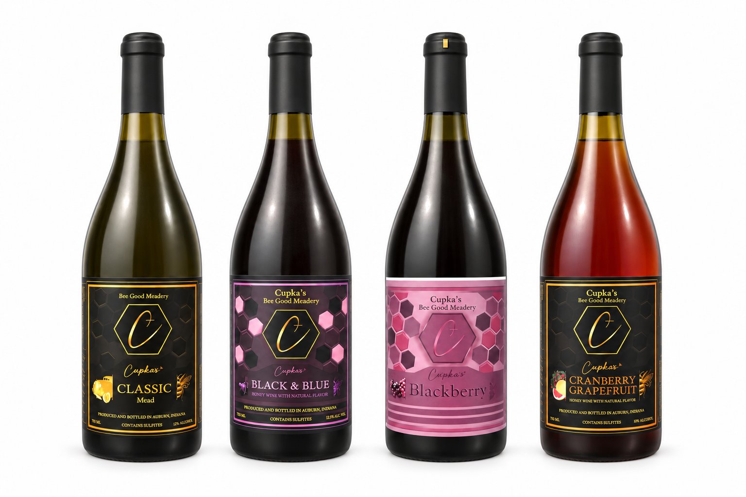 Cupka's Classic, Black & Blue, Blackberry and Cranberry Grapefruit honey wines