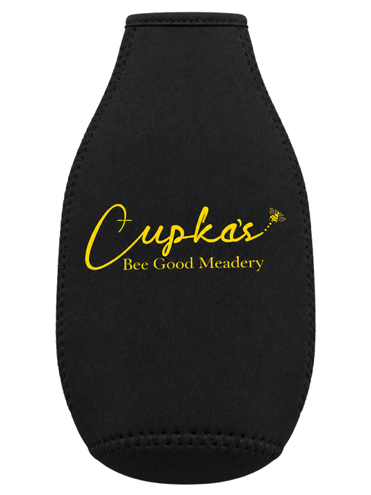 Black neoprene bottle koozie with yellow Cupka's Bee Good Meadery logo